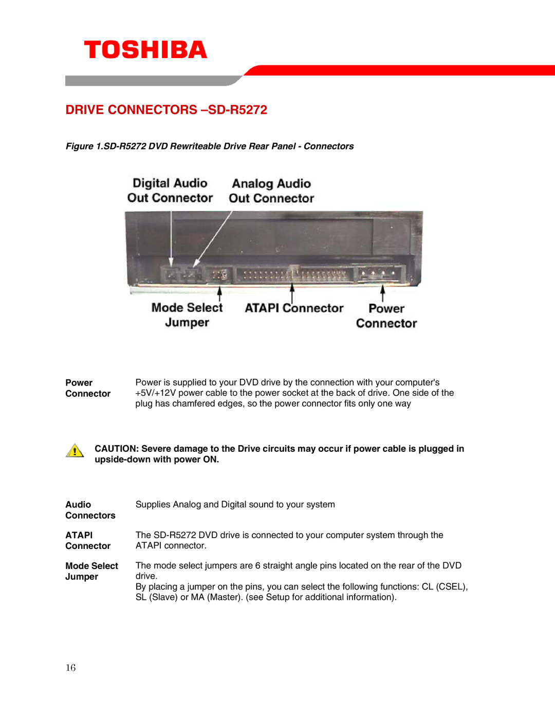 Toshiba user manual Drive Connectors -SD-R5272, Audio, Mode Select, Jumper 