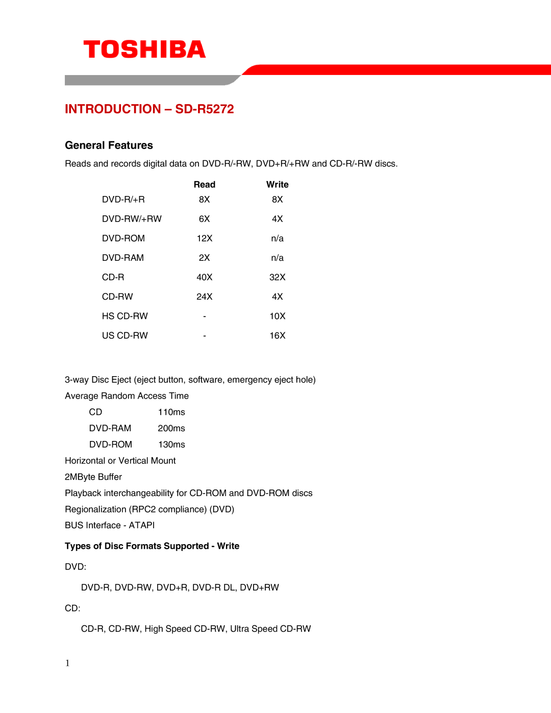 Toshiba user manual Introduction SD-R5272, Read Write, Types of Disc Formats Supported Write 