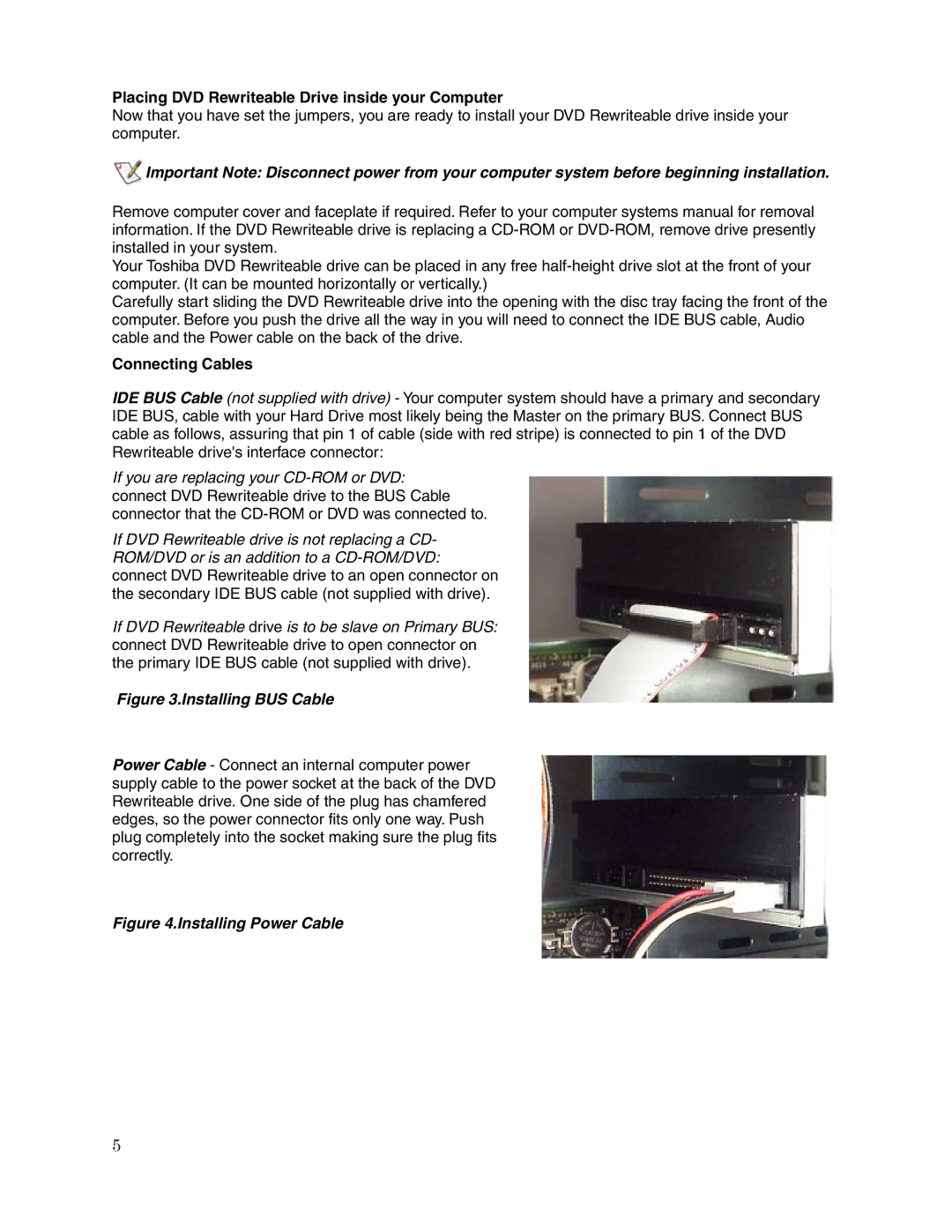 Toshiba SD-R5272 user manual Placing DVD Rewriteable Drive inside your Computer, Connecting Cables 