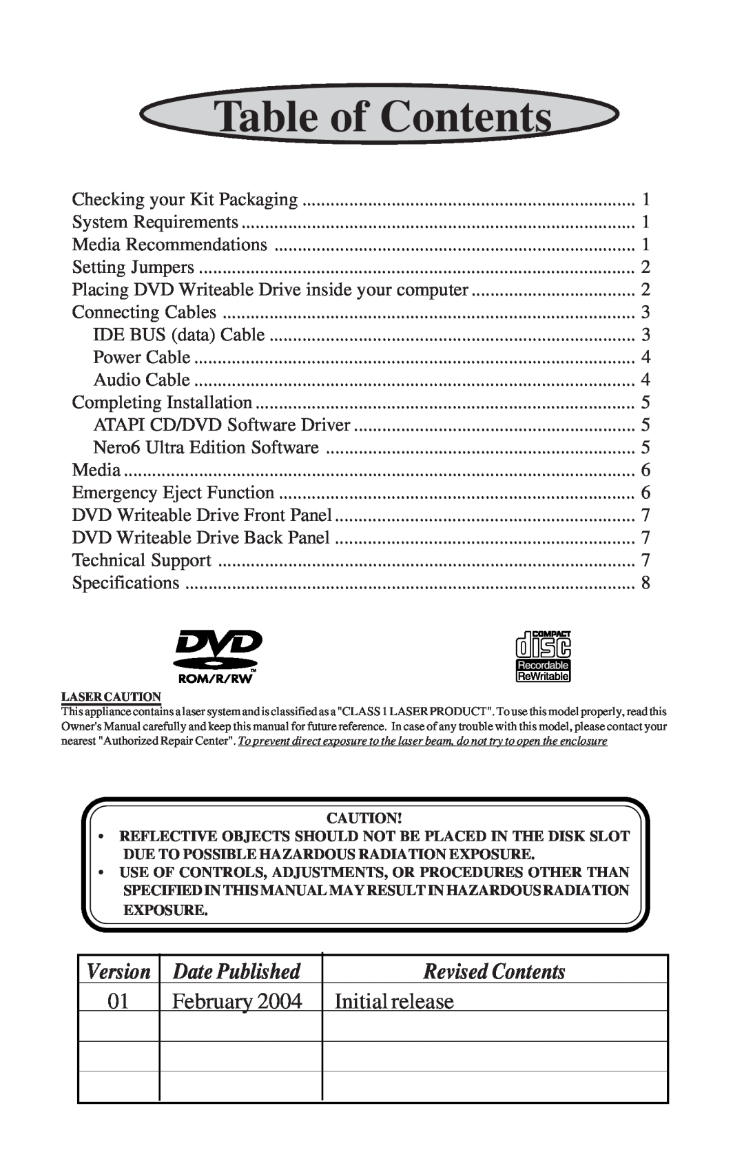 Toshiba SD-R5272 Date Published, Revised Contents, February, Initial release, Version, Table of Contents 