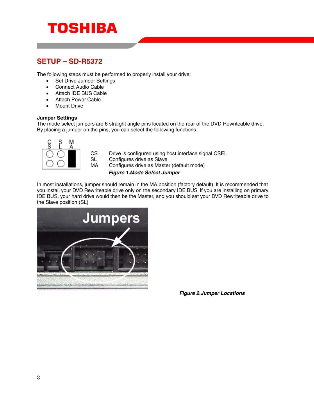 Toshiba user manual Setup SD-R5372, Jumper Settings 