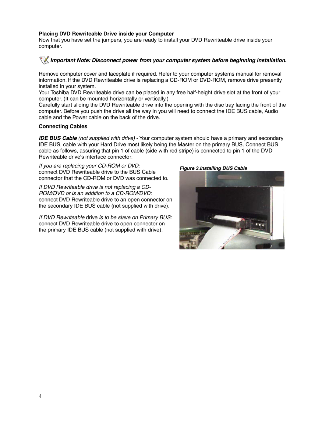 Toshiba SD-R5372 user manual Placing DVD Rewriteable Drive inside your Computer, Connecting Cables 