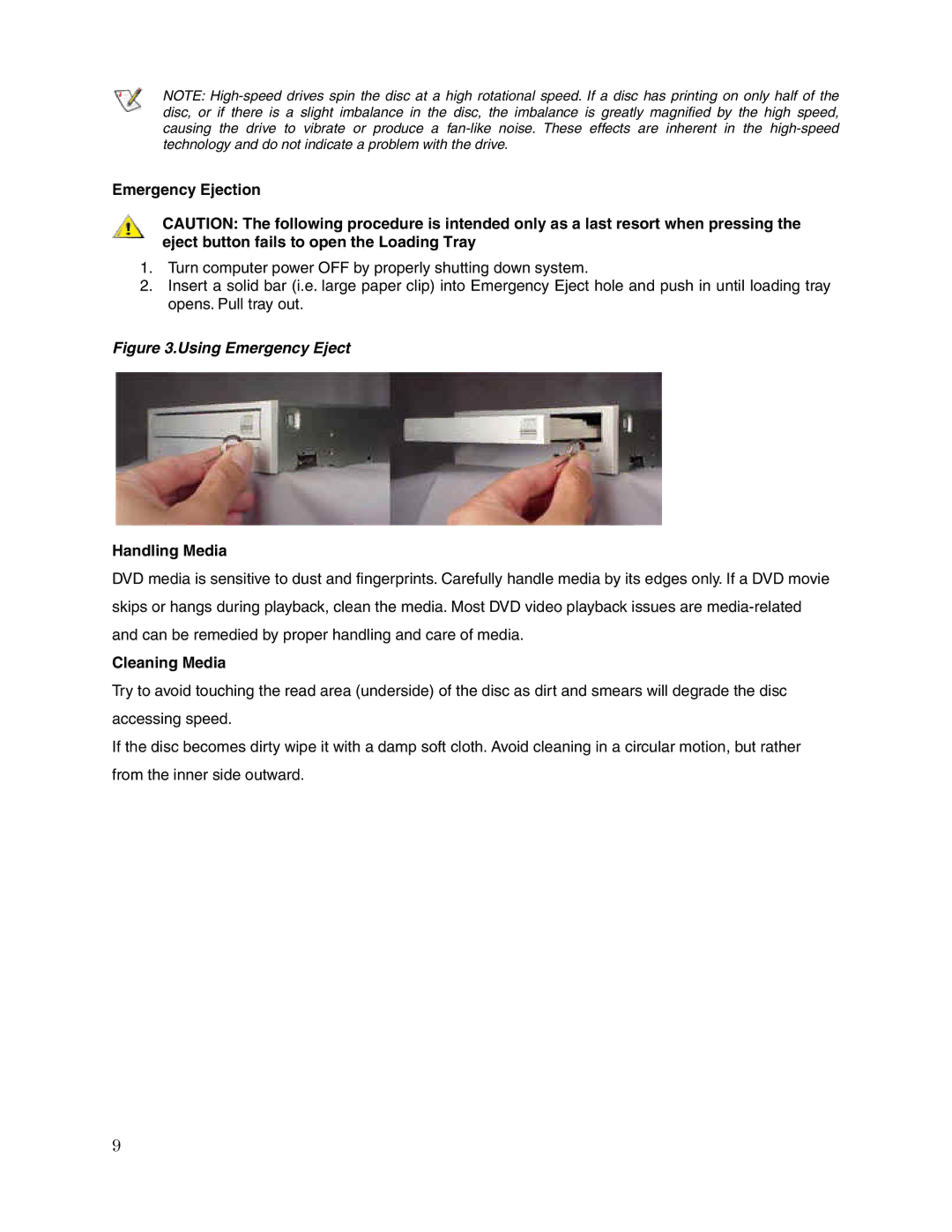 Toshiba SD-R5372 user manual Emergency Ejection, Handling Media, Cleaning Media 