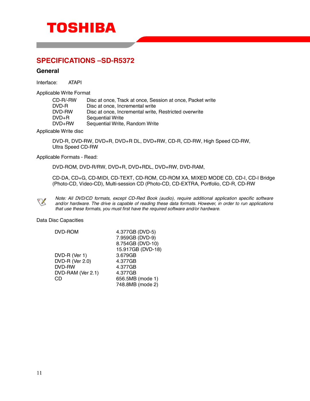 Toshiba user manual Specifications -SD-R5372, Cd-R/-Rw, Dvd-Rom, Dvd-R/Rw, Dvd+R, Dvd+Rdl, Dvd+Rw, Dvd-Ram 