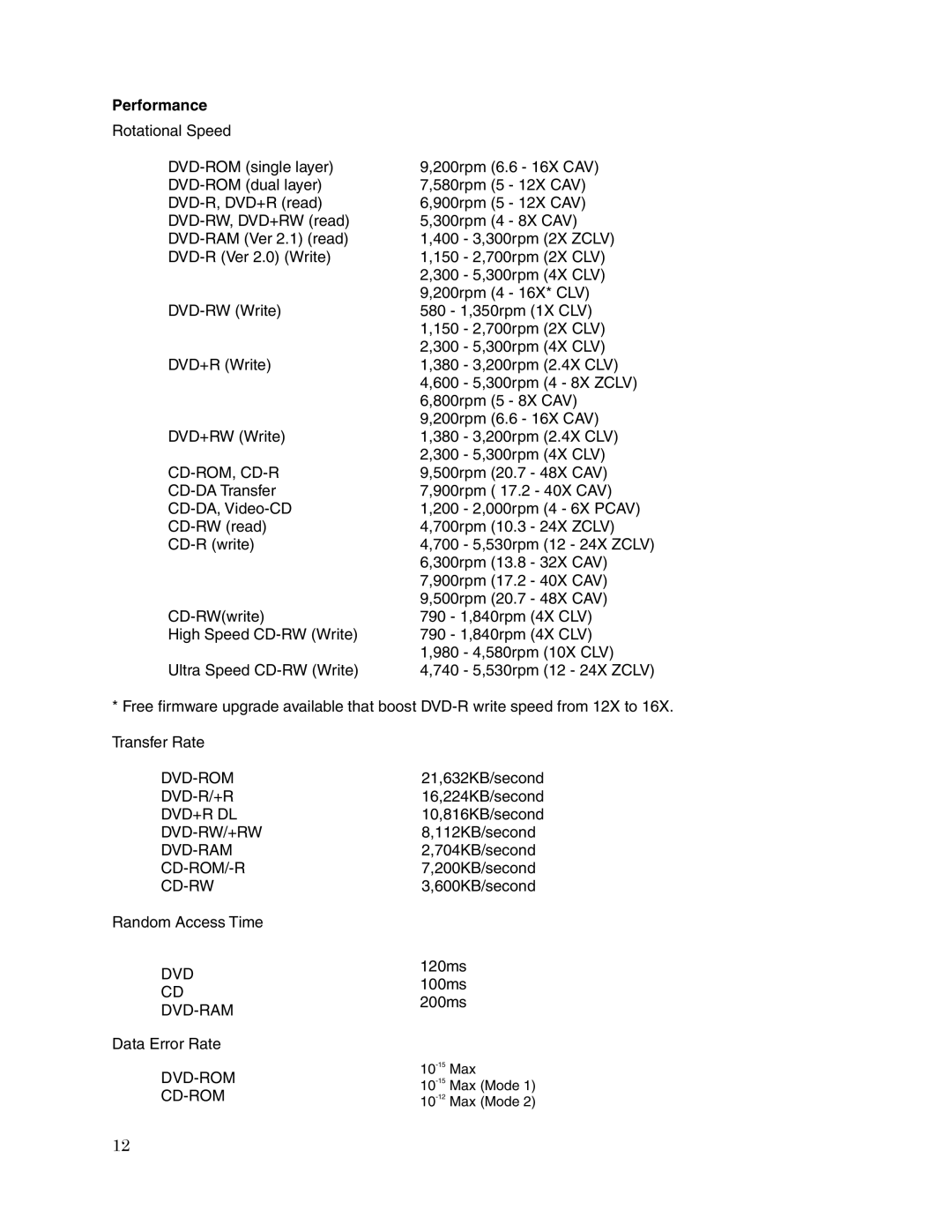 Toshiba SD-R5372 user manual Performance 