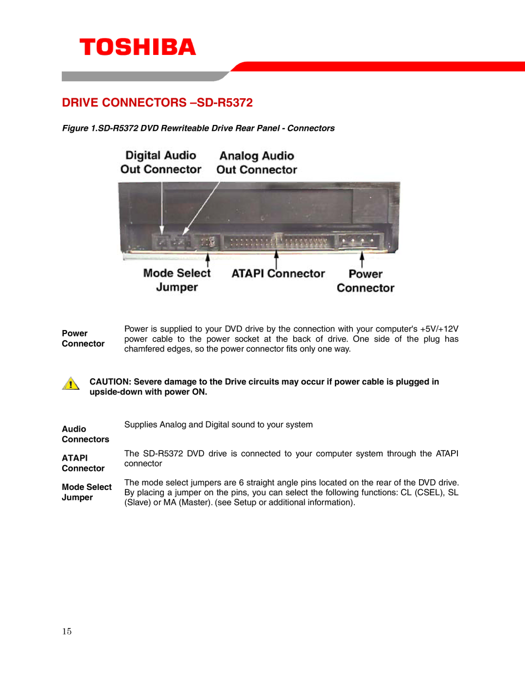 Toshiba user manual Drive Connectors -SD-R5372, Audio Connectors Atapi Connector Mode Select Jumper 