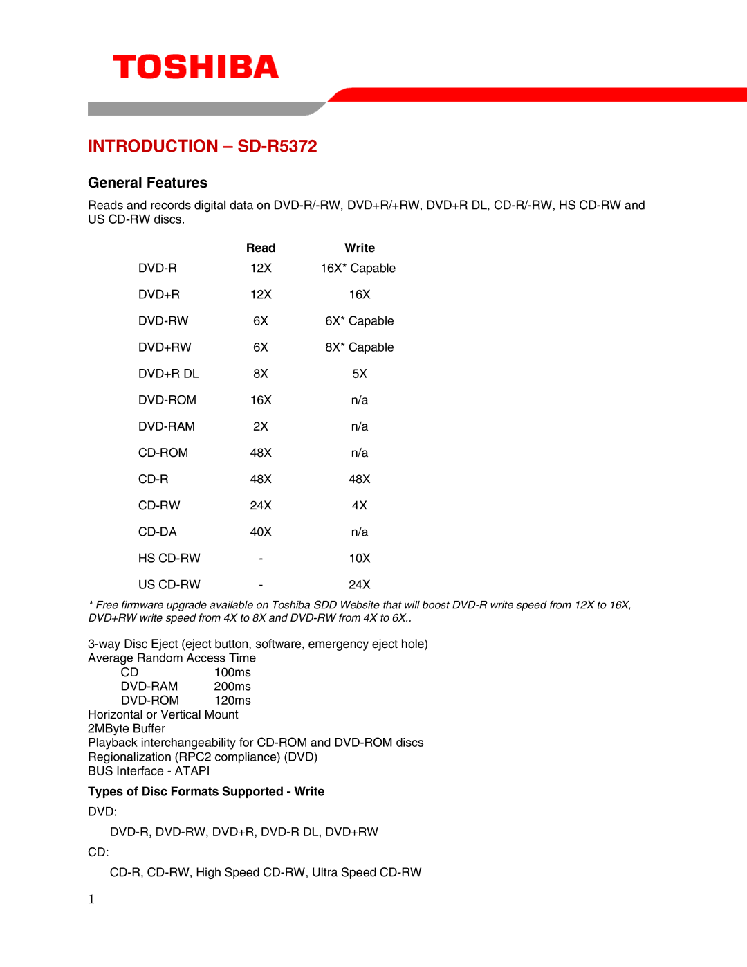 Toshiba user manual Introduction SD-R5372, Read Write, Types of Disc Formats Supported Write 