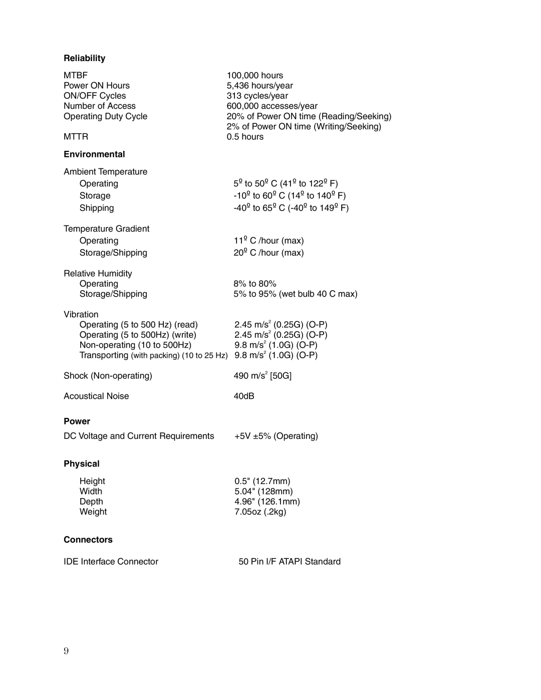 Toshiba SD-R6012 user manual Reliability, Environmental, Power, Physical, Connectors 