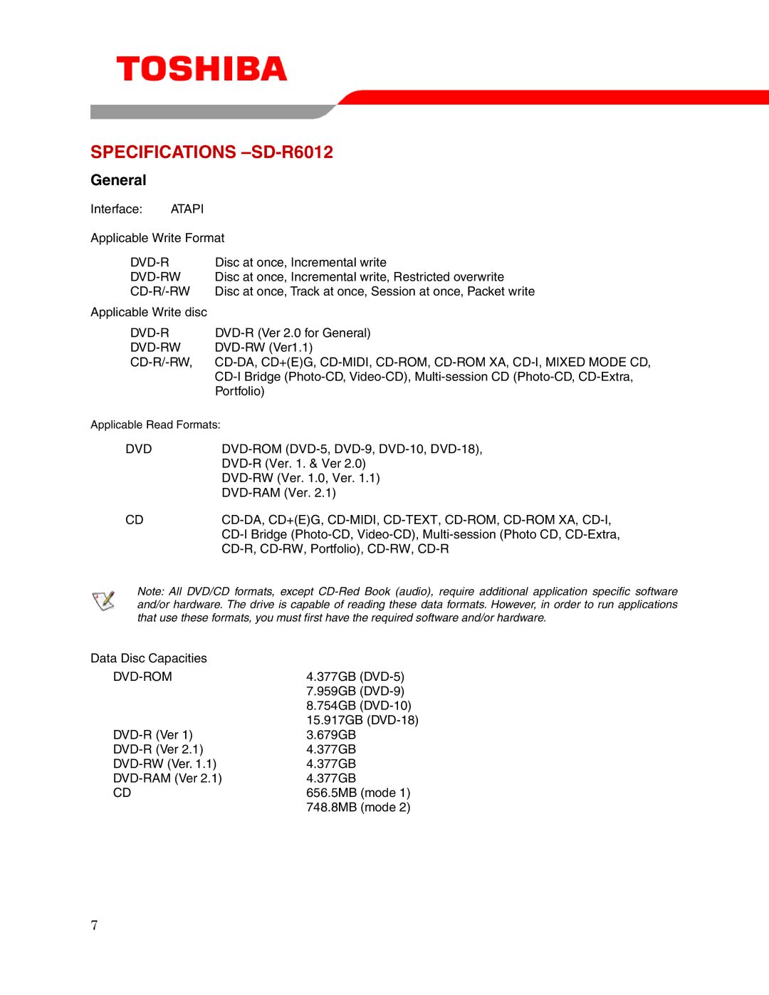 Toshiba user manual Specifications -SD-R6012, Cd-Da, Cd+Eg, Cd-Midi, Cd-Text, Cd-Rom, Cd-Rom Xa, Cd-I, Dvd-Rom 