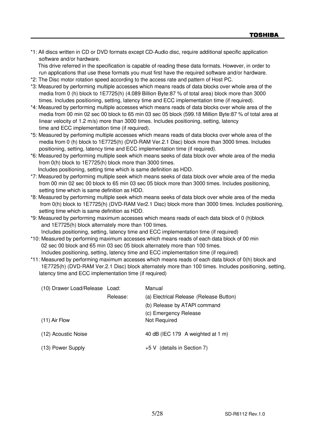 Toshiba specifications SD-R6112 Rev.1.0 