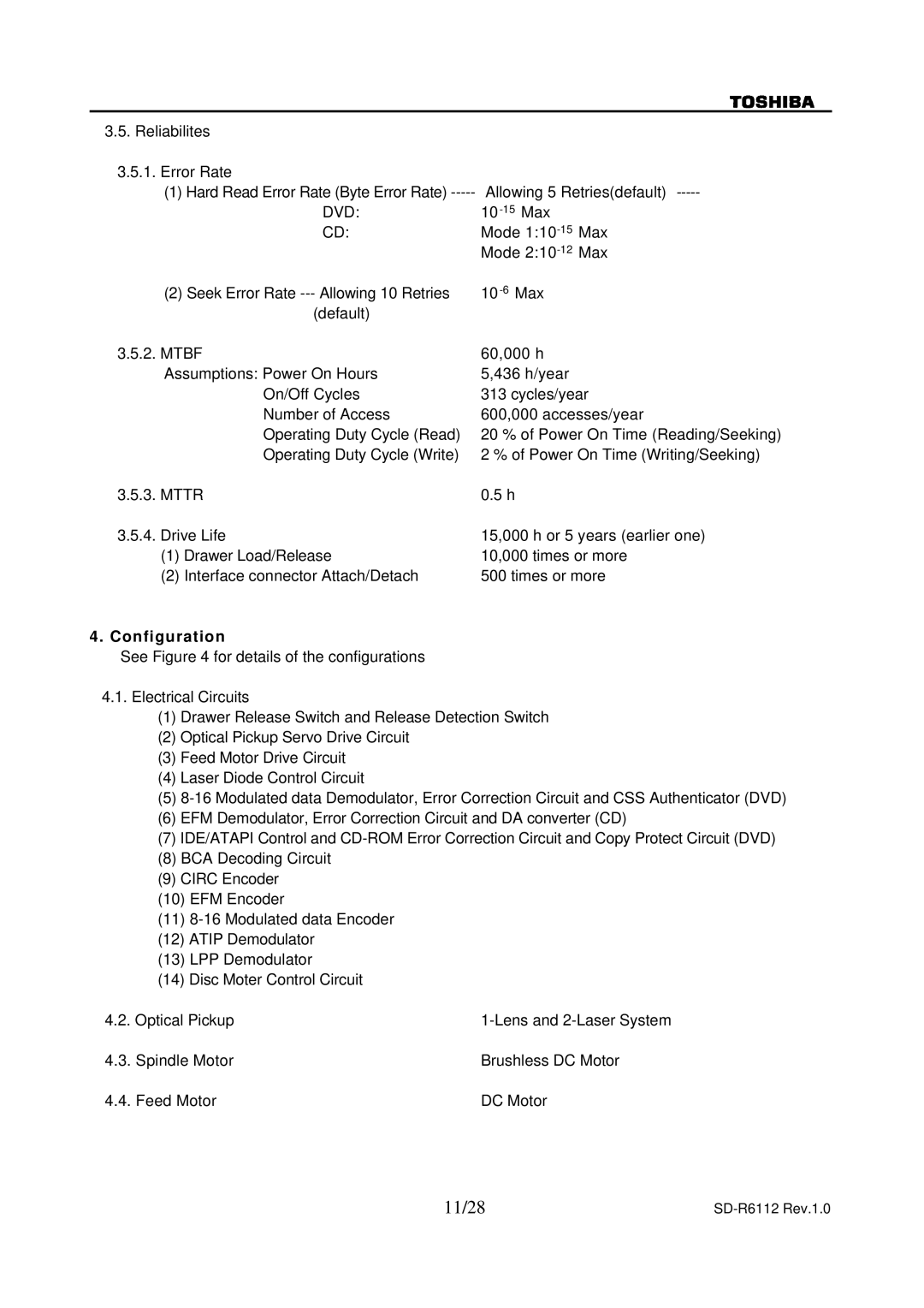 Toshiba SD-R6112 specifications 11/28, Mode 110-15Max, Mode 210-12Max, Configuration 