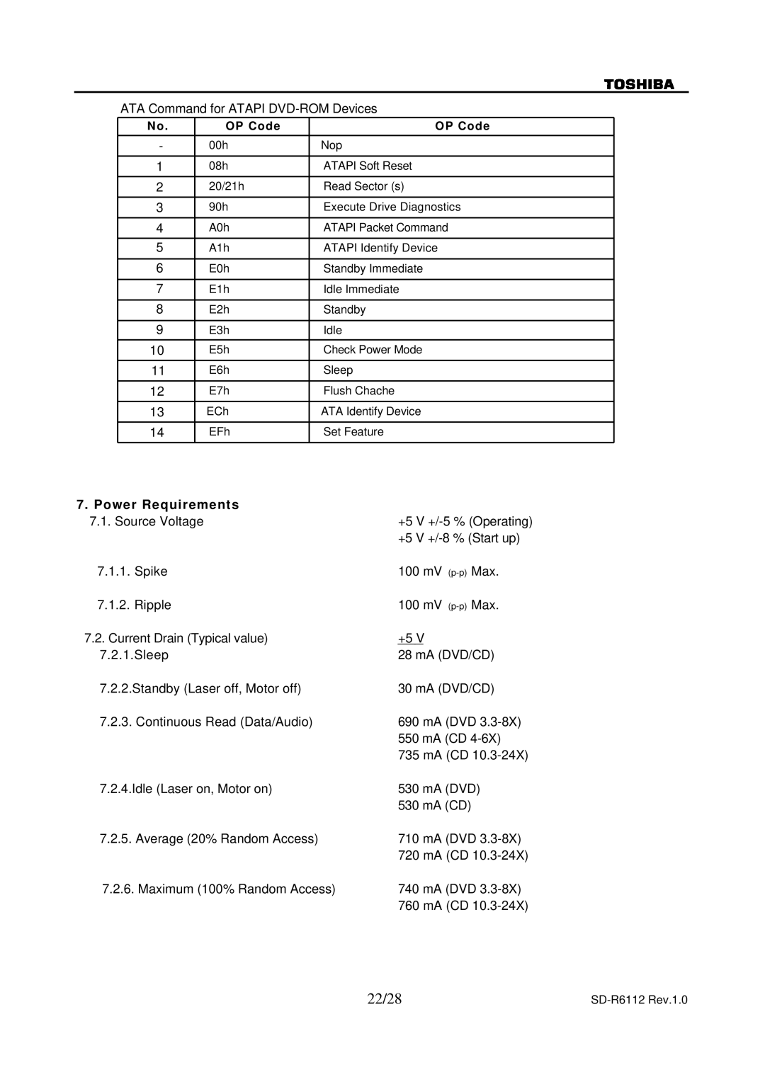 Toshiba SD-R6112 specifications 22/28, ATA Command for Atapi DVD-ROM Devices, Power Requirements 