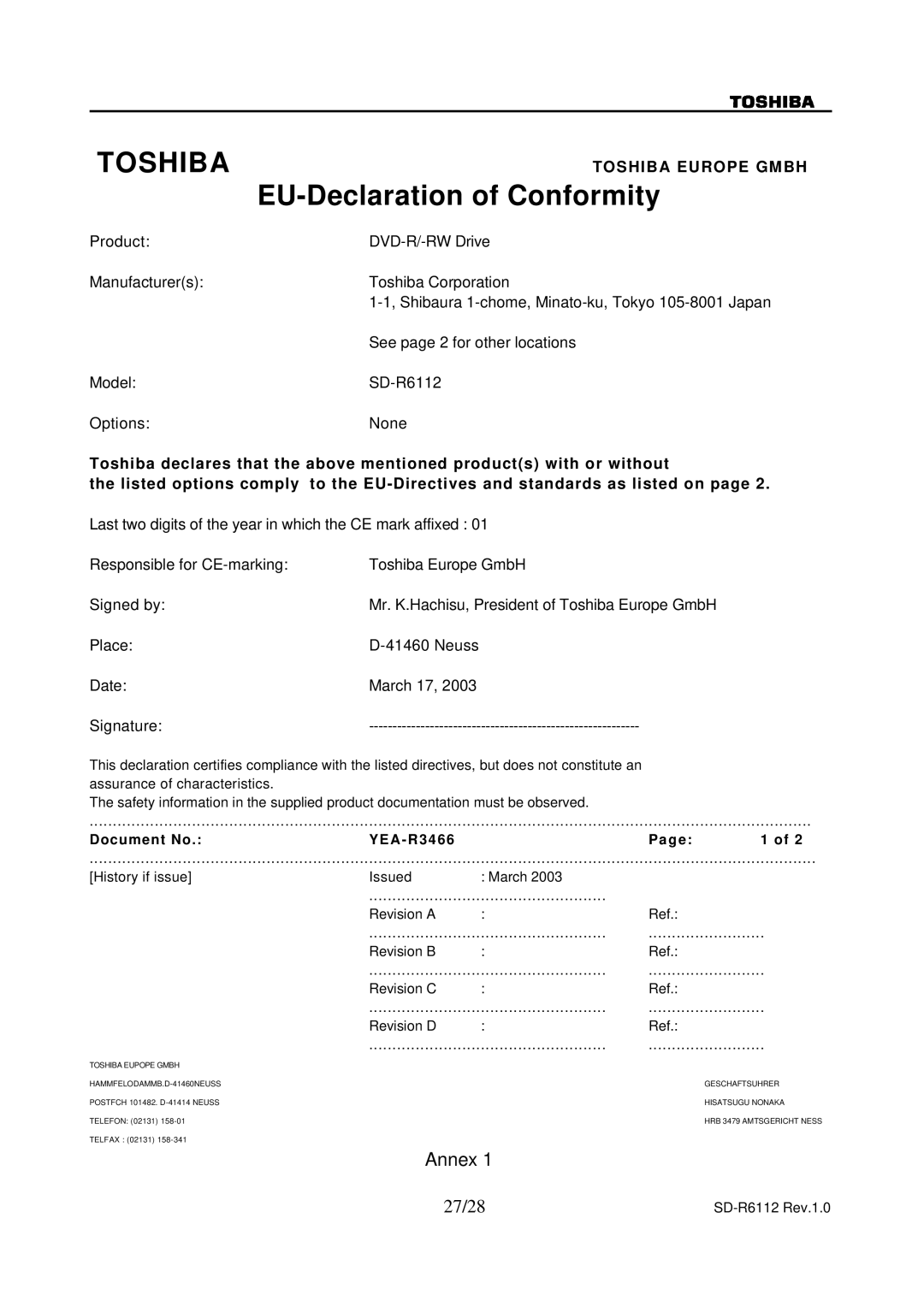 Toshiba SD-R6112 specifications 27/28, Last two digits of the year in which the CE mark affixed 