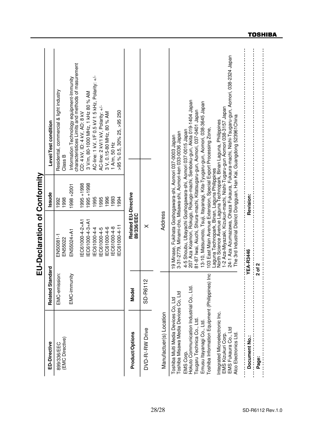 Toshiba specifications 28/28, DVD-R/-RW Drive SD-R6112 Manufactuers Location Address 