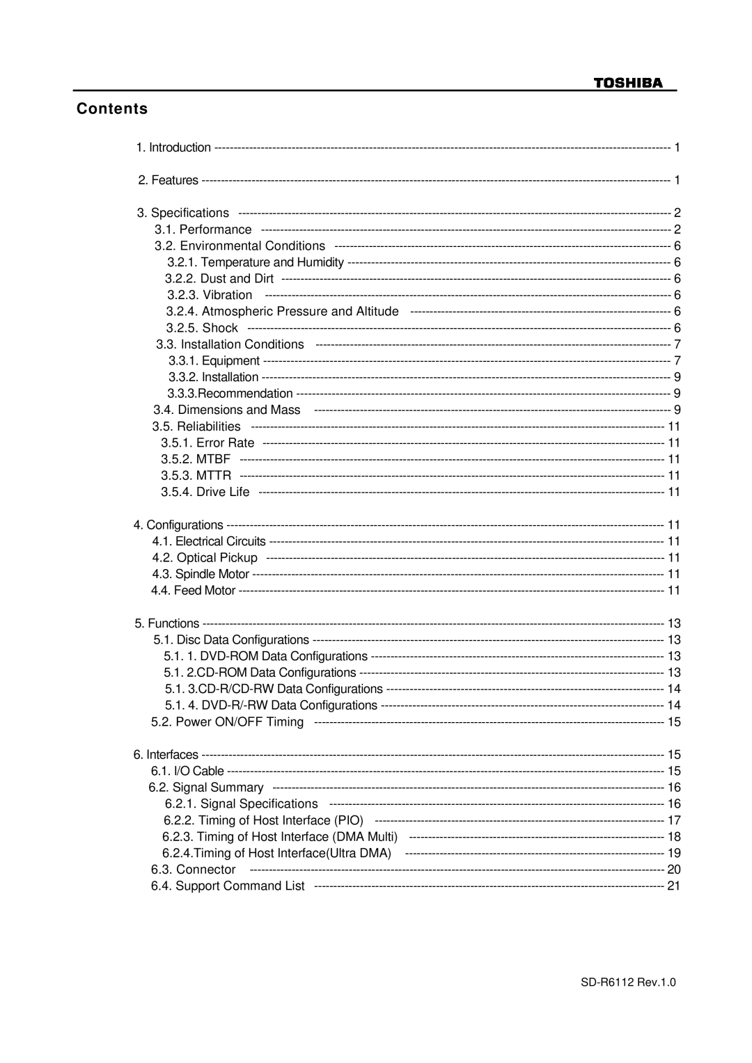 Toshiba SD-R6112 specifications Contents 