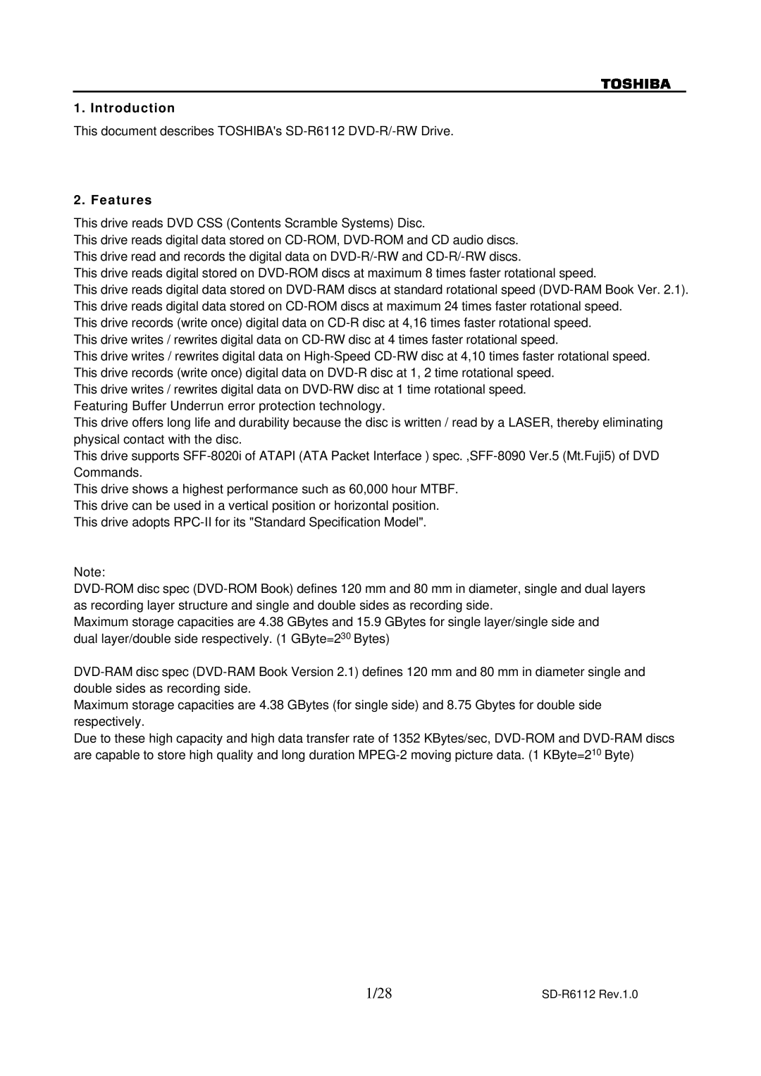 Toshiba specifications Introduction, This document describes TOSHIBAs SD-R6112 DVD-R/-RW Drive, Features 