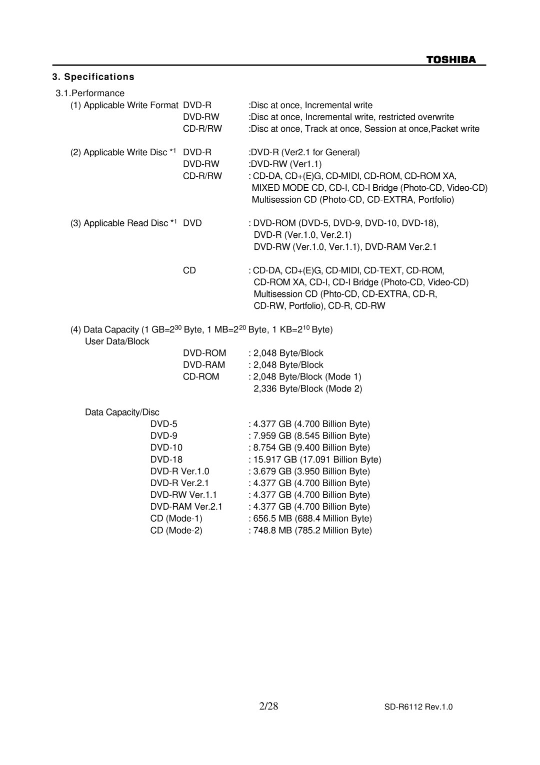 Toshiba SD-R6112 specifications Specifications 