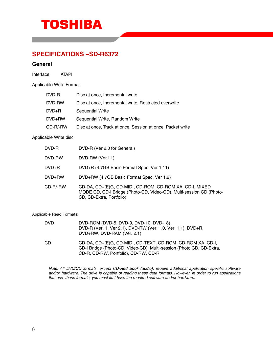 Toshiba user manual Specifications -SD-R6372, Cd-Da, Cd+Eg, Cd-Midi, Cd-Text, Cd-Rom, Cd-Rom Xa, Cd-I 