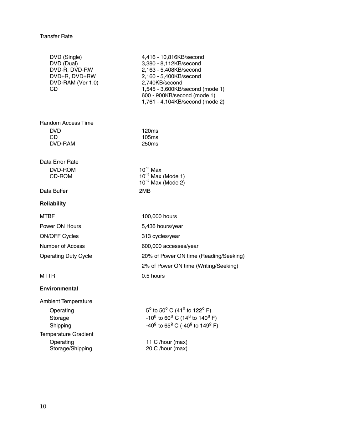 Toshiba SD-R6372 user manual Reliability, Environmental 