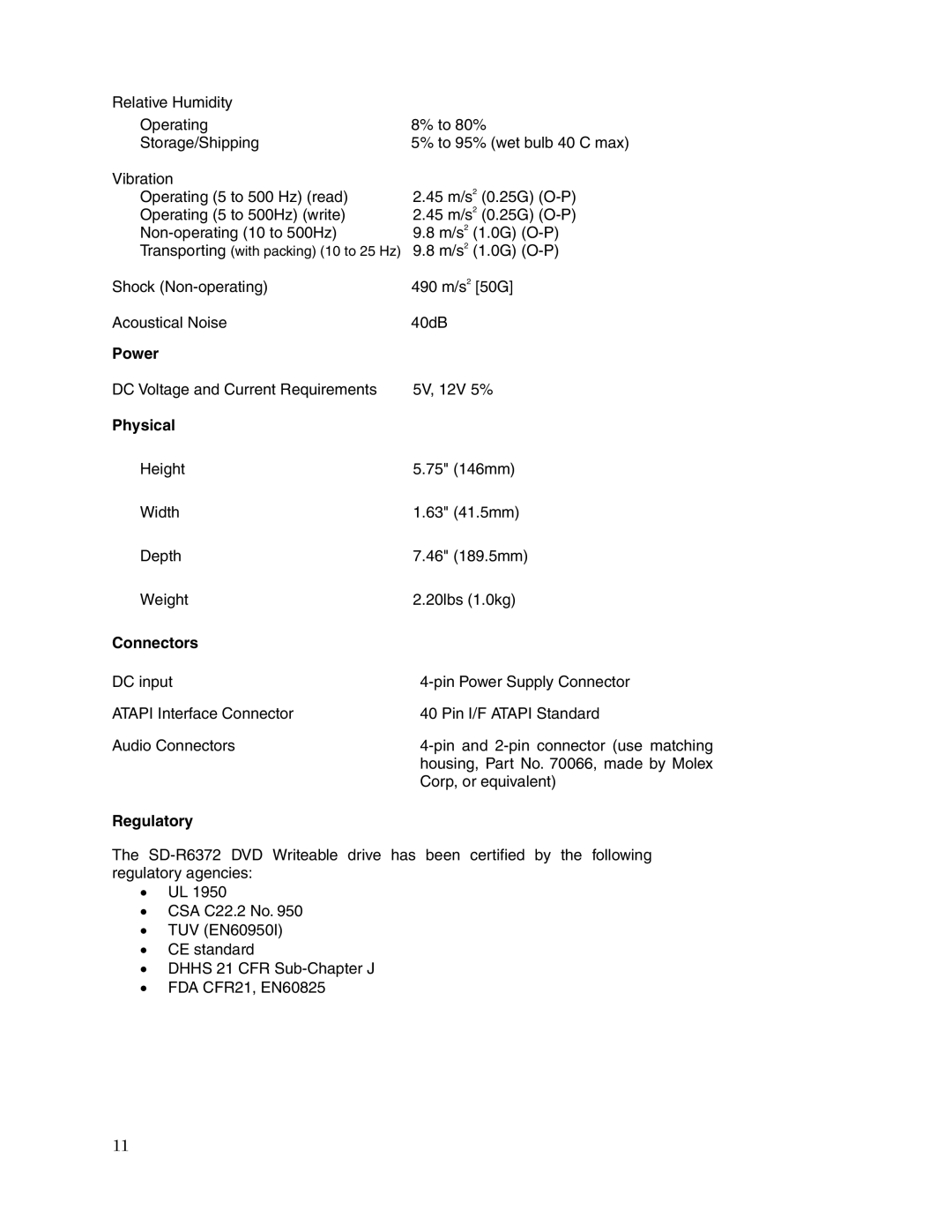 Toshiba SD-R6372 user manual Power, Physical, Connectors, Regulatory 