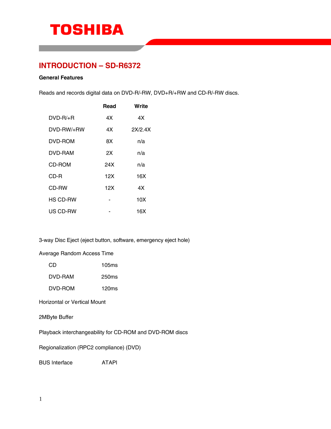 Toshiba user manual Introduction SD-R6372, General Features, Read Write 