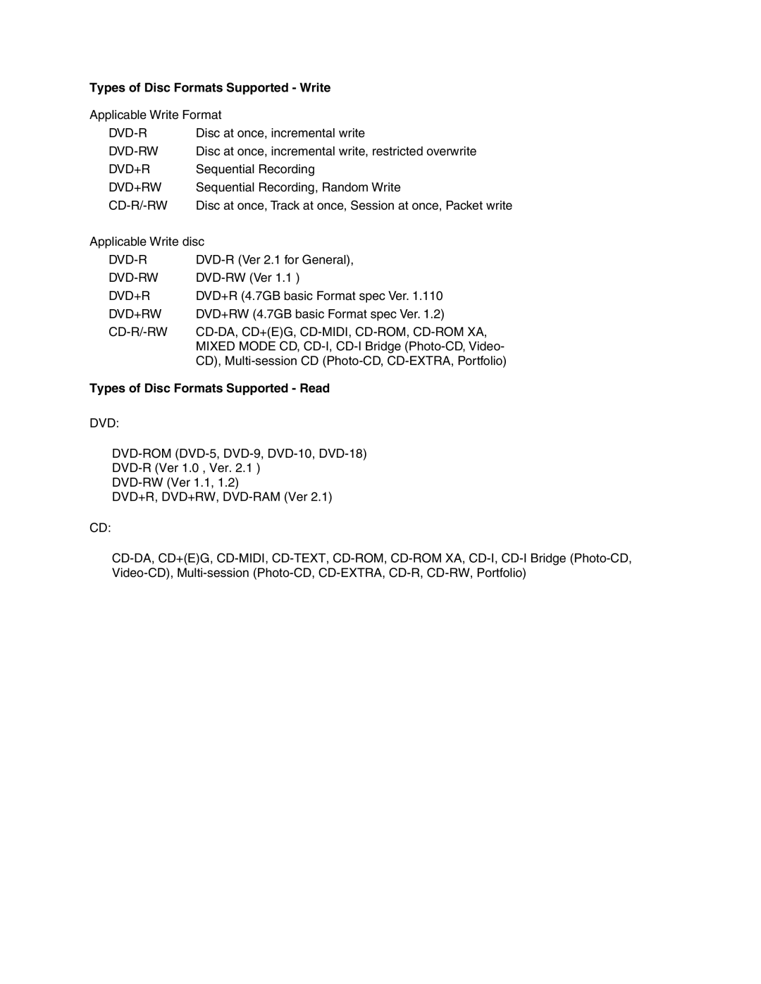 Toshiba SD-R6372 user manual Types of Disc Formats Supported Write, Types of Disc Formats Supported Read 