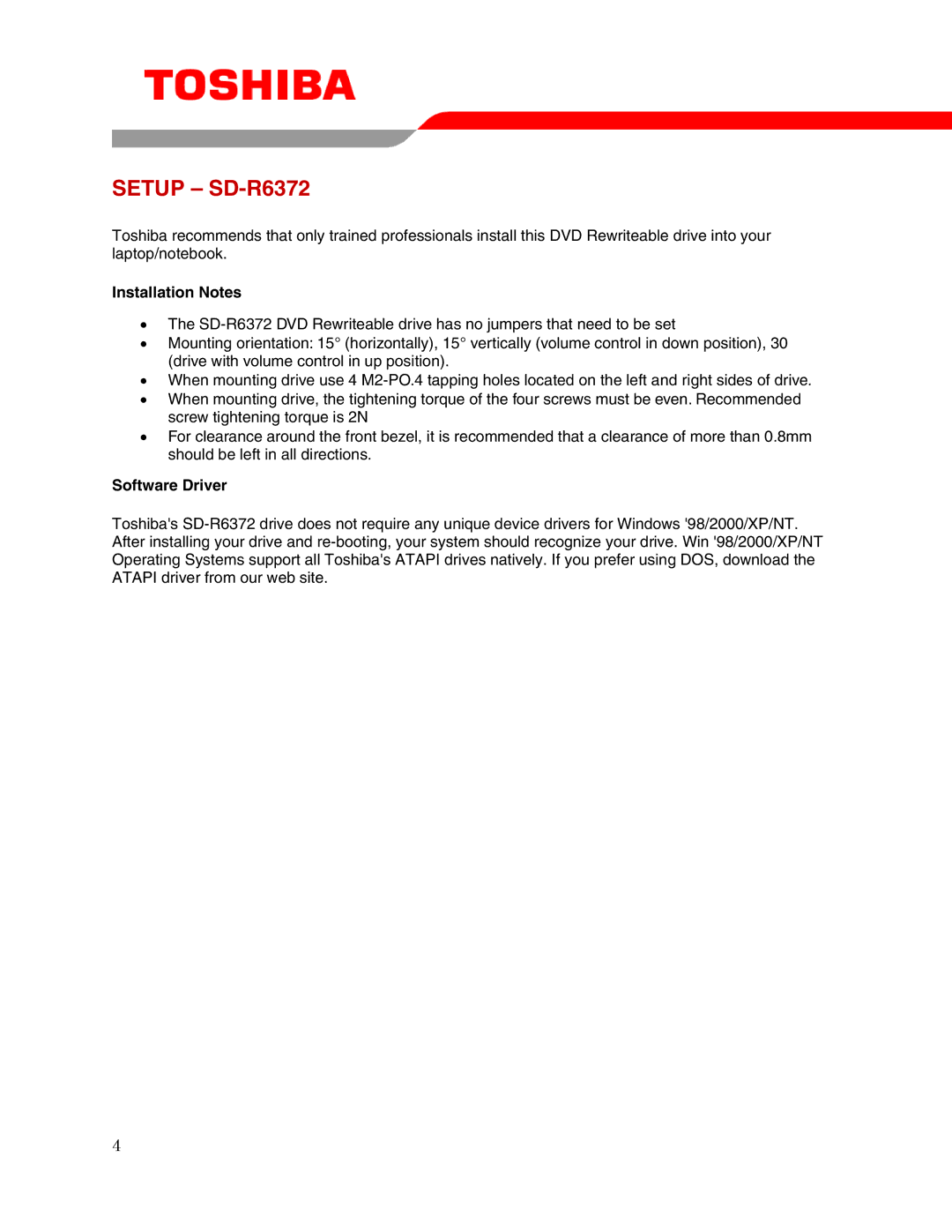 Toshiba user manual Setup SD-R6372, Installation Notes, Software Driver 