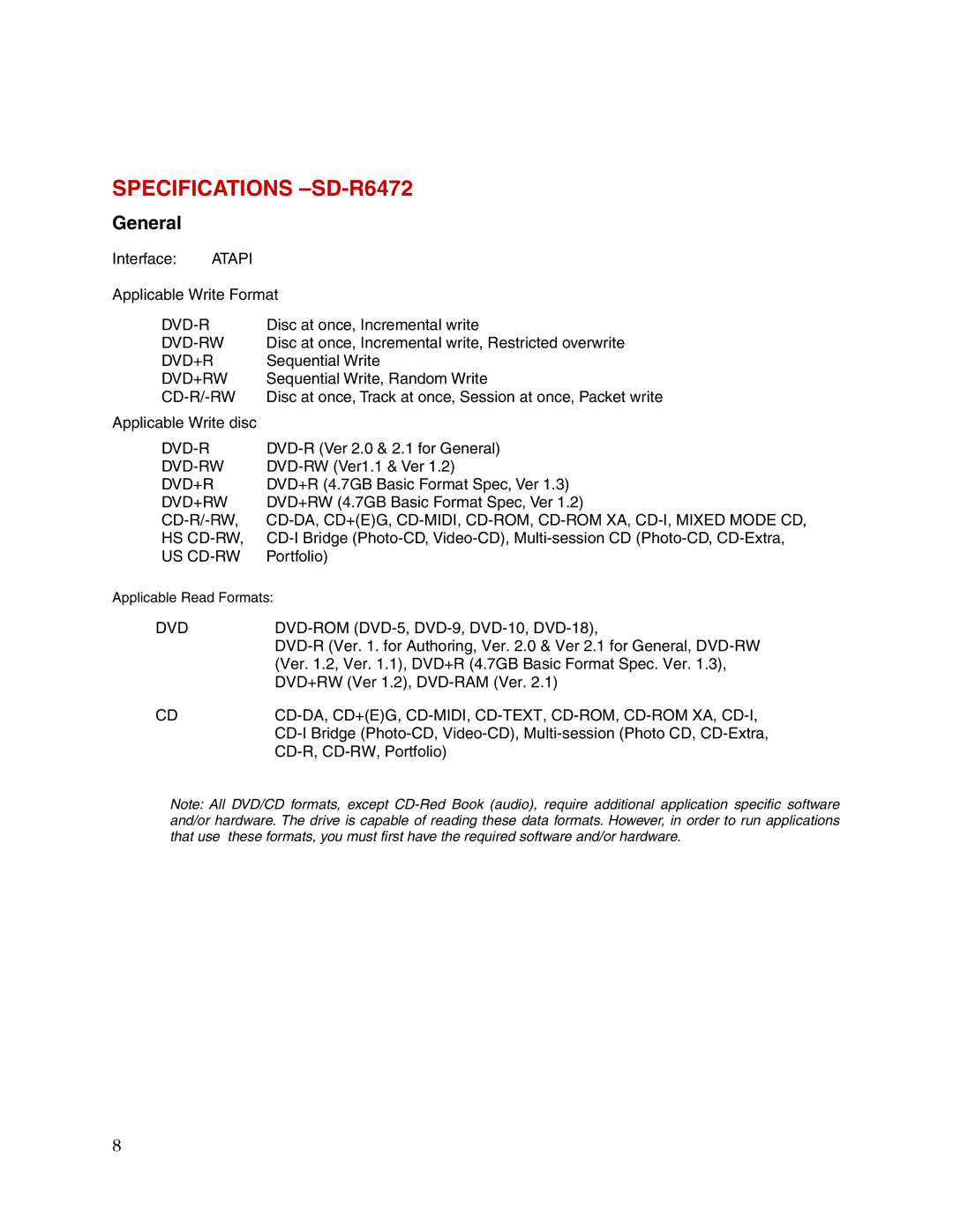 Toshiba user manual Specifications -SD-R6472, Cd-Da, Cd+Eg, Cd-Midi, Cd-Text, Cd-Rom, Cd-Rom Xa, Cd-I 