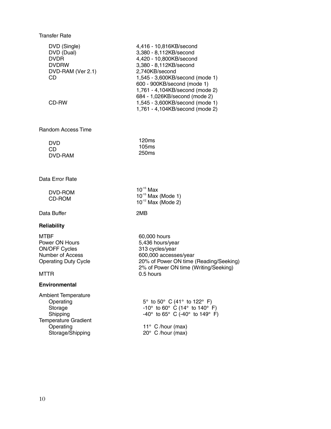 Toshiba SD-R6472 user manual Reliability, Environmental 