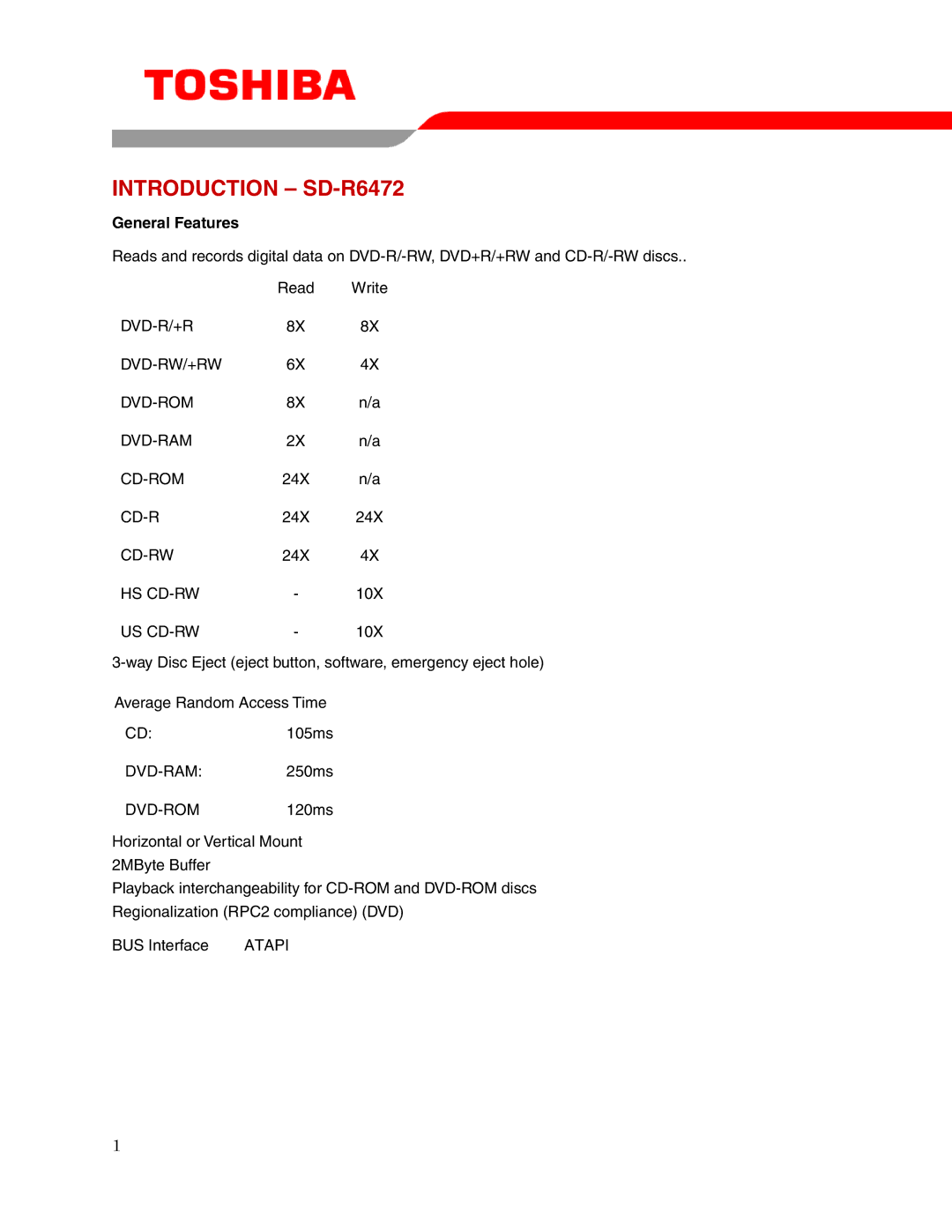 Toshiba user manual Introduction SD-R6472, General Features 