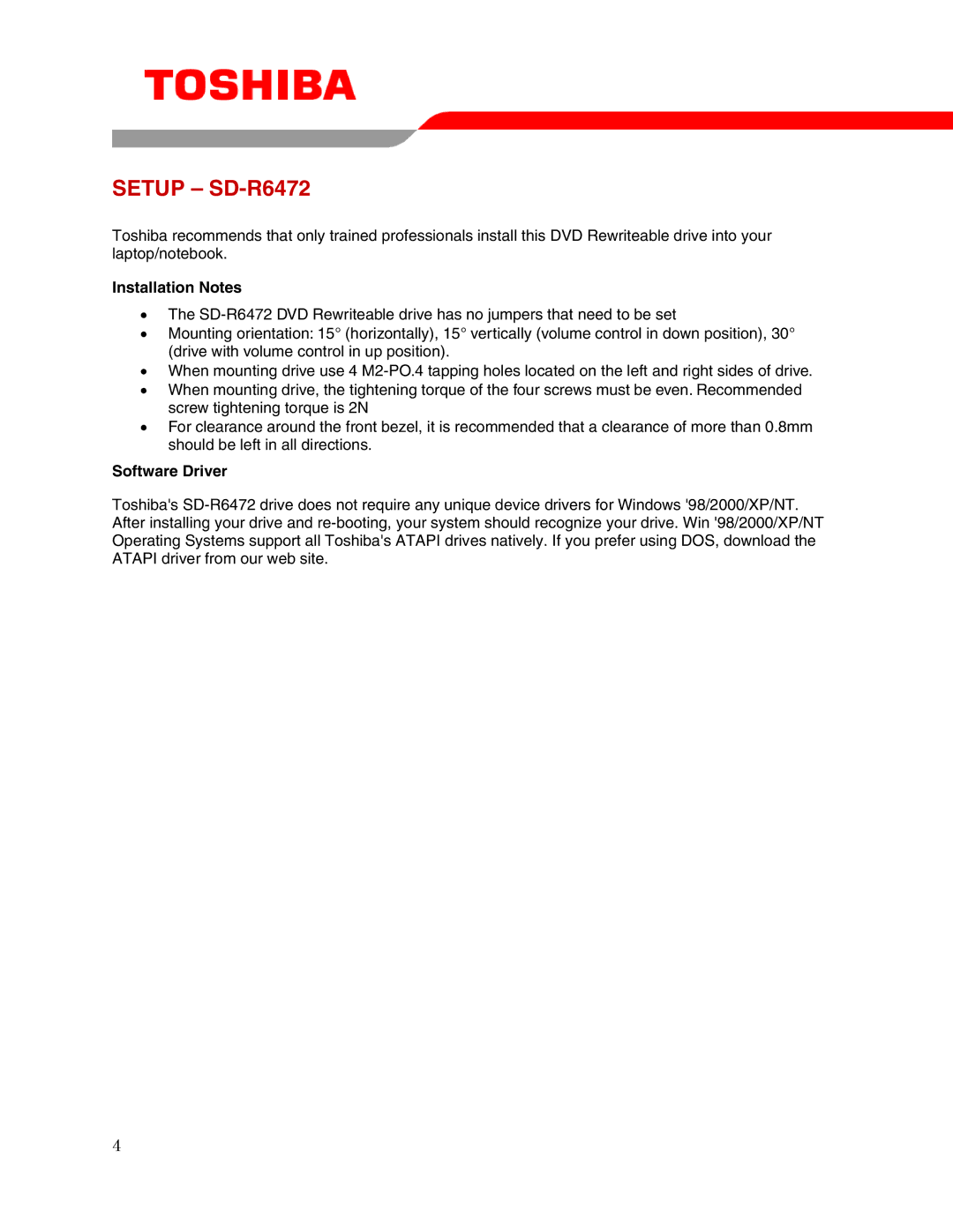 Toshiba SD-R6472 user manual Installation Notes, Software Driver 