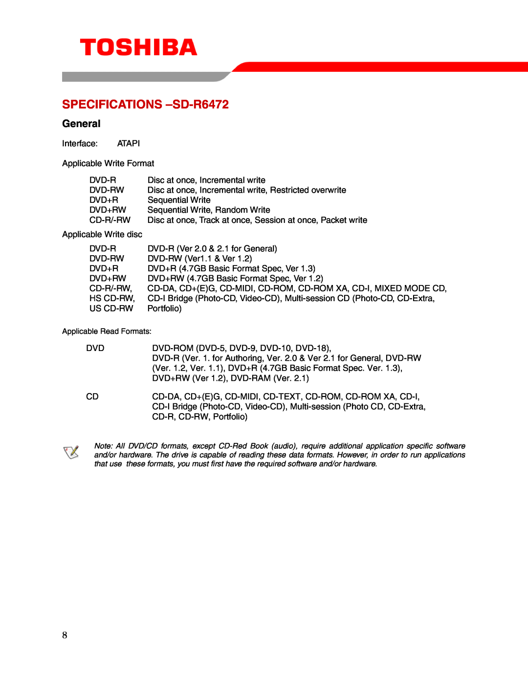 Toshiba user manual SPECIFICATIONS -SD-R6472, General 