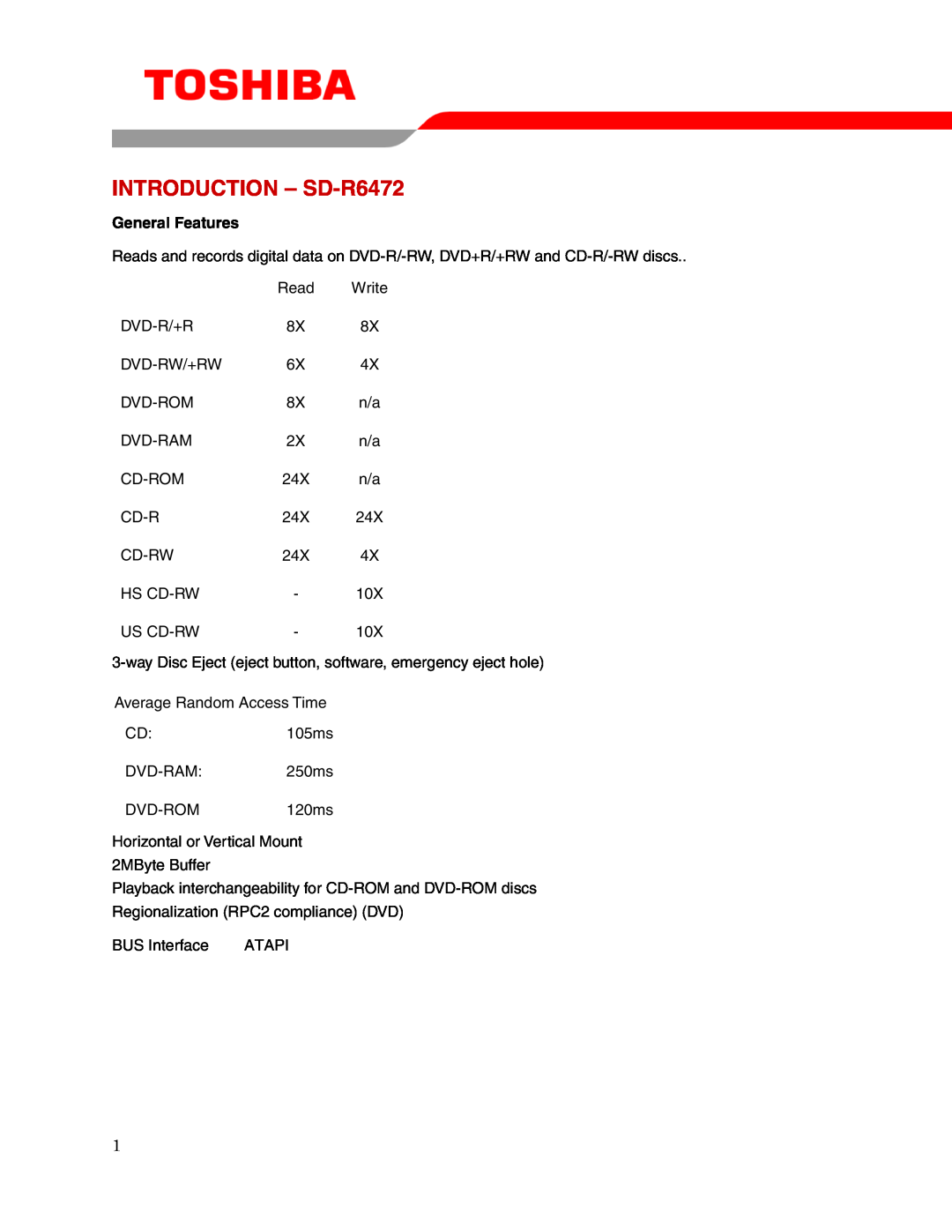 Toshiba user manual INTRODUCTION - SD-R6472, General Features 