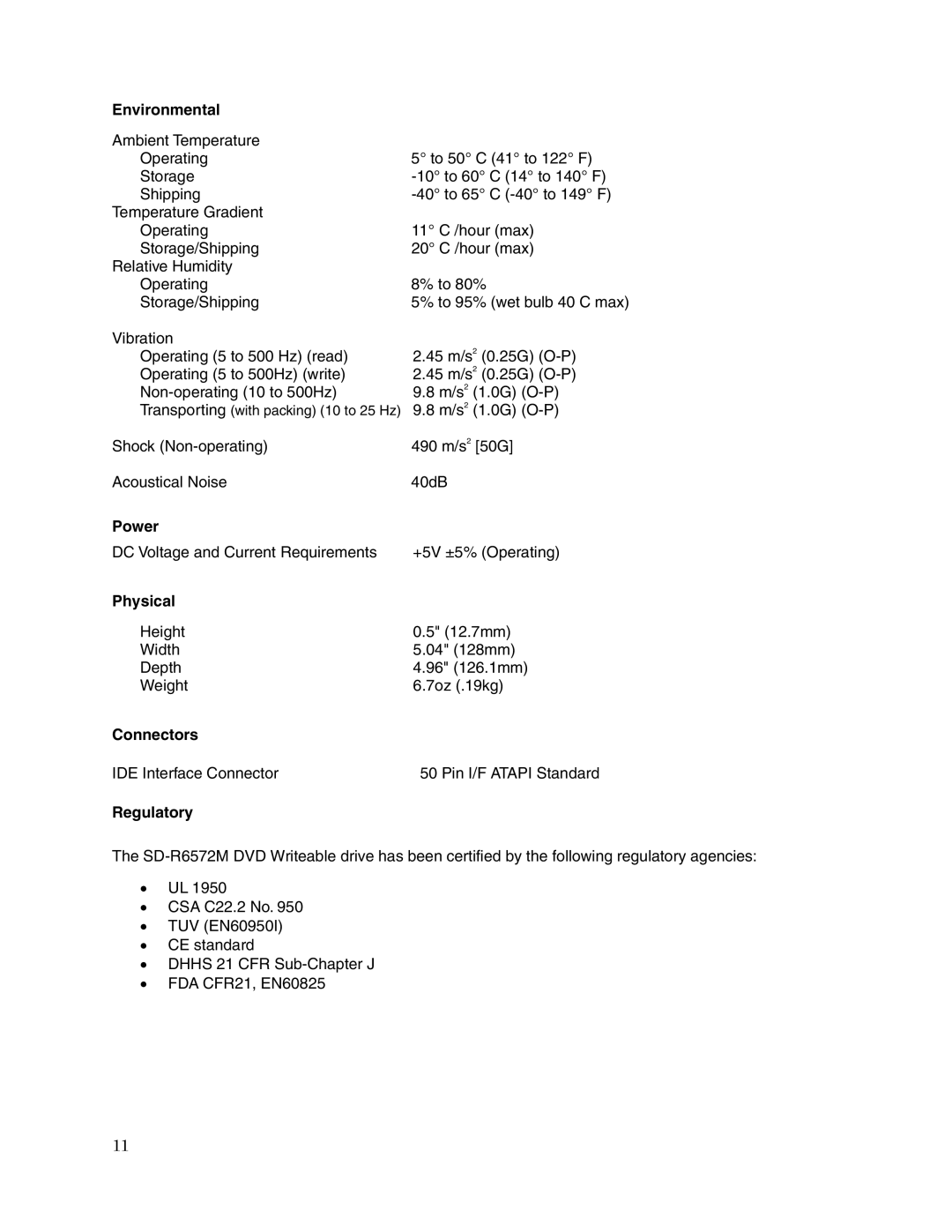 Toshiba SD-R6572M user manual Environmental, Power, Physical, Connectors, Regulatory 