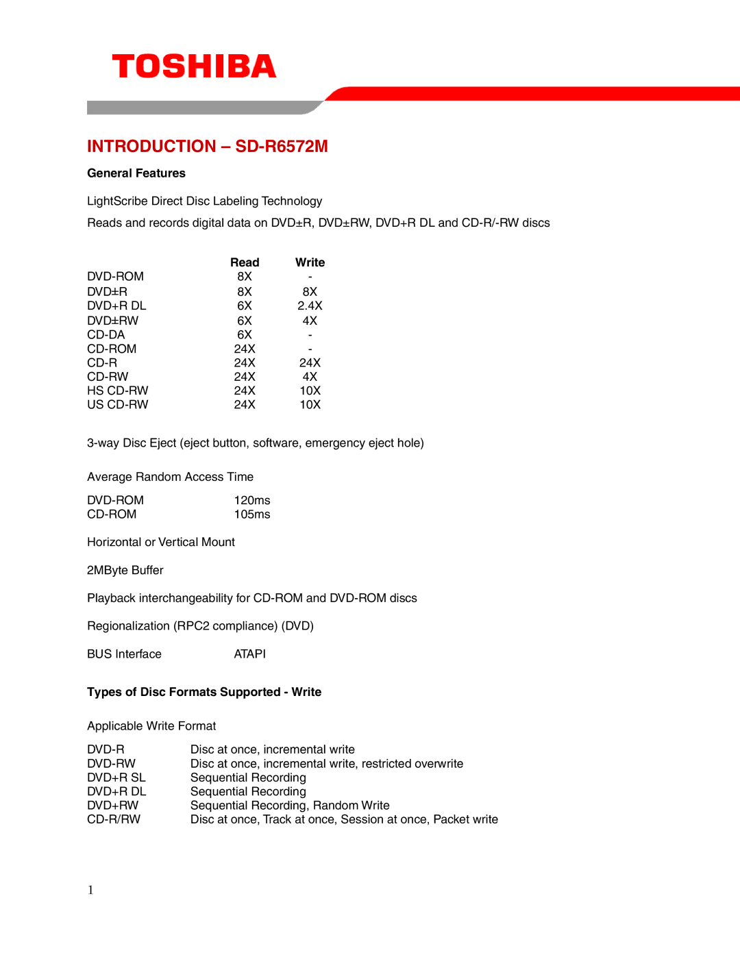 Toshiba user manual Introduction SD-R6572M, General Features, Read Write, Types of Disc Formats Supported Write 