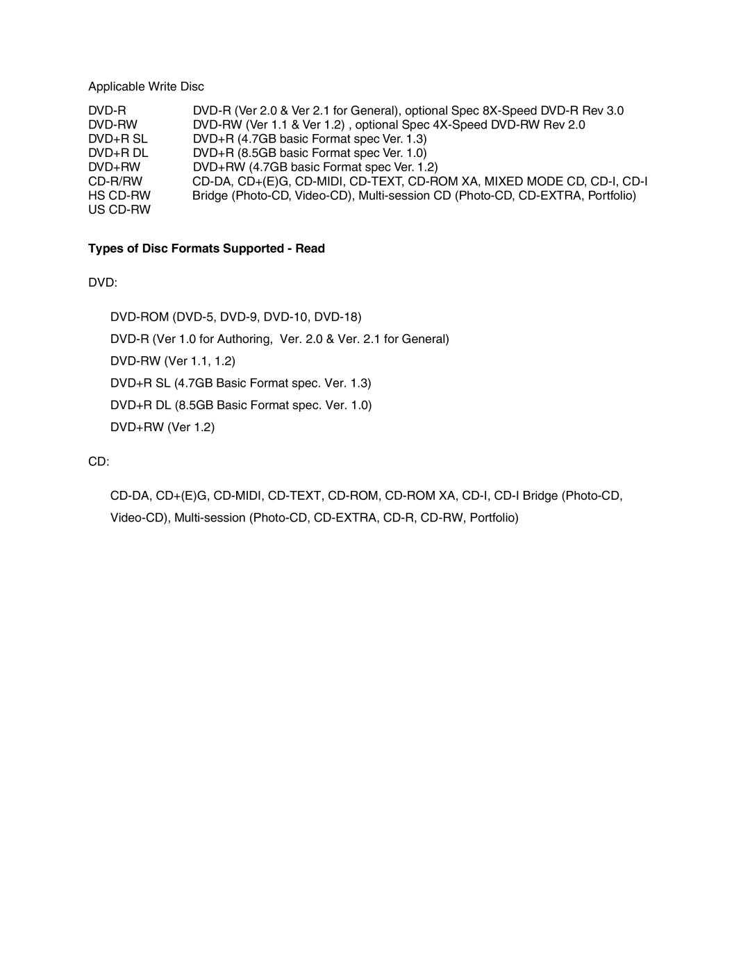 Toshiba SD-R6572M user manual Types of Disc Formats Supported Read, Dvd 