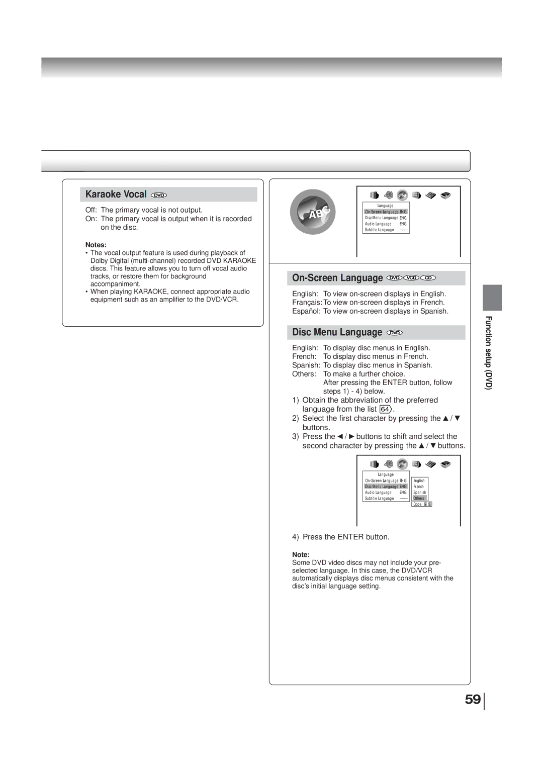 Toshiba SD-V280 manual Karaoke Vocal DVD, Press the Enter button 