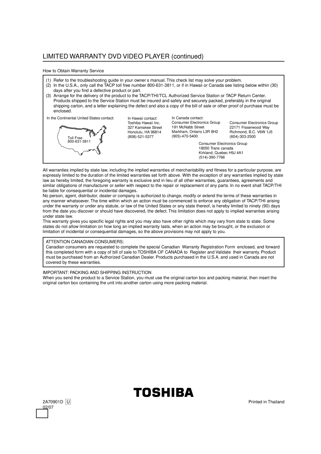 Toshiba SD-V280 manual How to Obtain Warranty Service, Important Packing and Shipping Instruction 