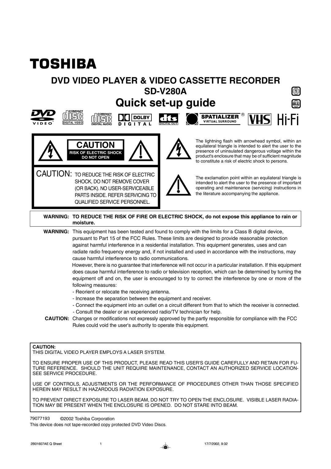 Toshiba SD-V280 manual Quick set-up guide 