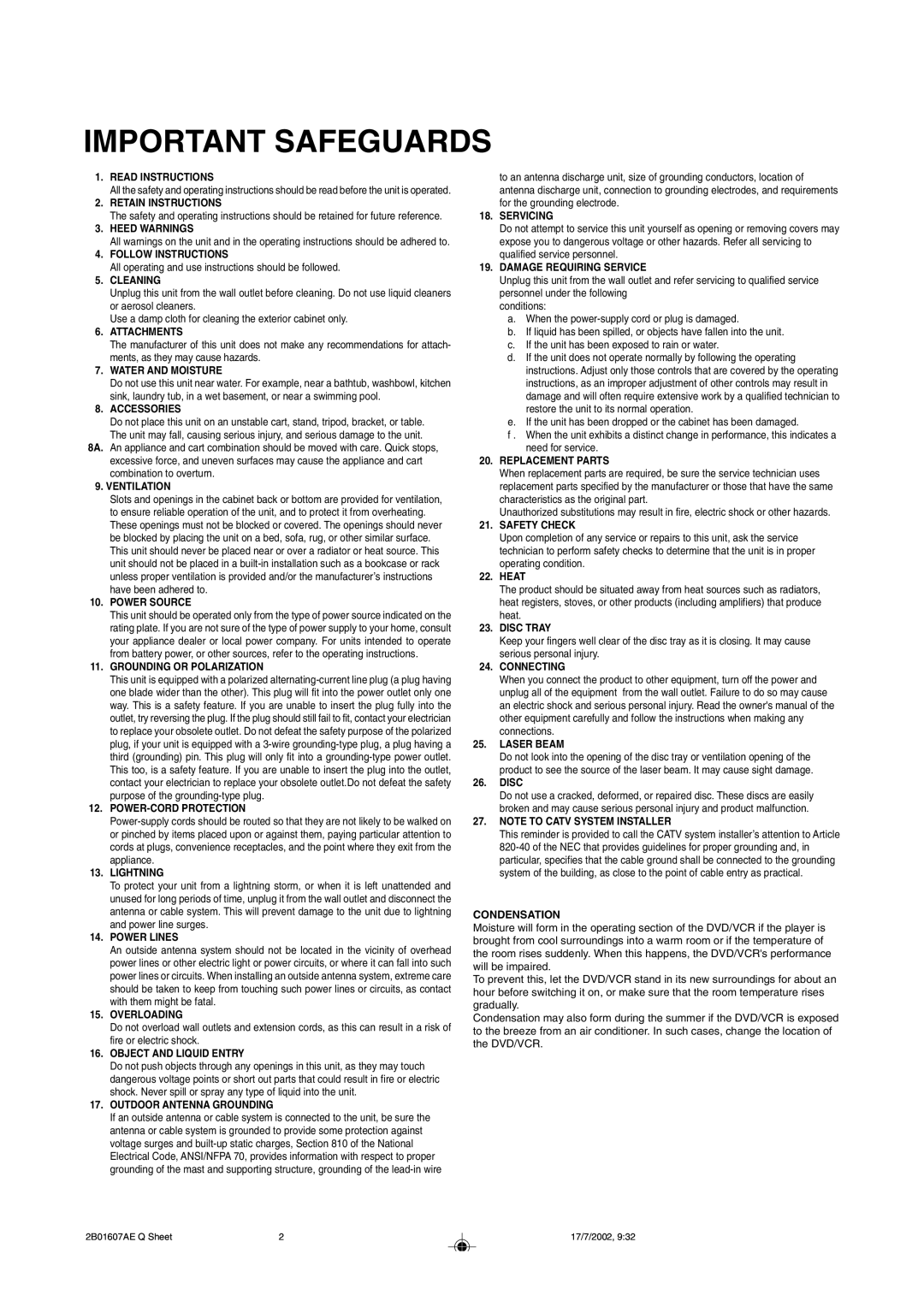 Toshiba SD-V280 manual Important Safeguards 