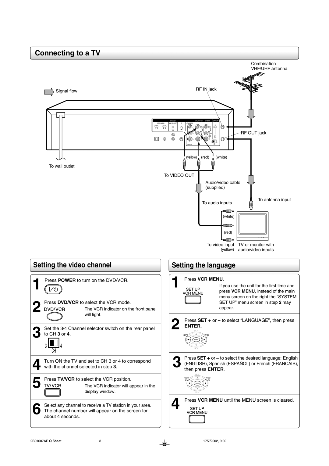 Toshiba SD-V280 manual Will light, If you use the unit for the first time, Press VCR MENU, instead of the main, Appear 