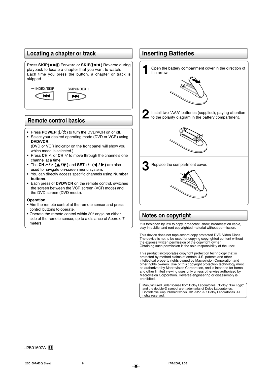 Toshiba SD-V280 manual Locating a chapter or track, Remote control basics, Inserting Batteries 