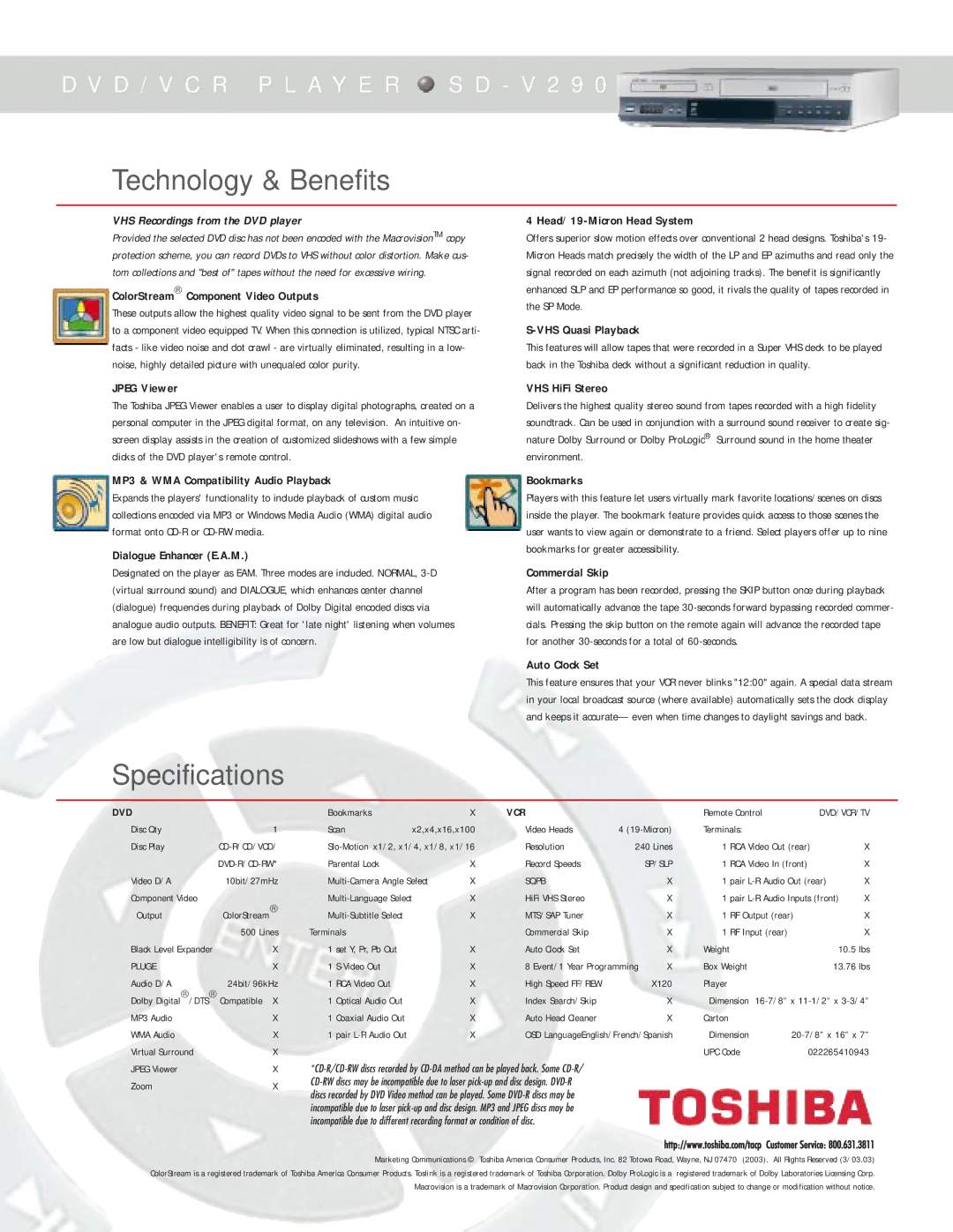 Toshiba SD-V290 manual Technology & Benefits, Specifications 