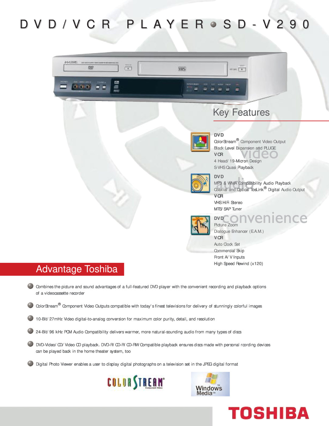 Toshiba SD-V290 manual Key Features, DVDaudio, DVDconvenience, D V D / V C R P L A Y E R S D - V 2 9, Advantage Toshiba 