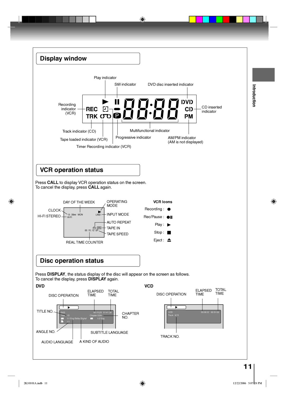 Toshiba SD-V295KU owner manual Display window, VCR operation status, Disc operation status 