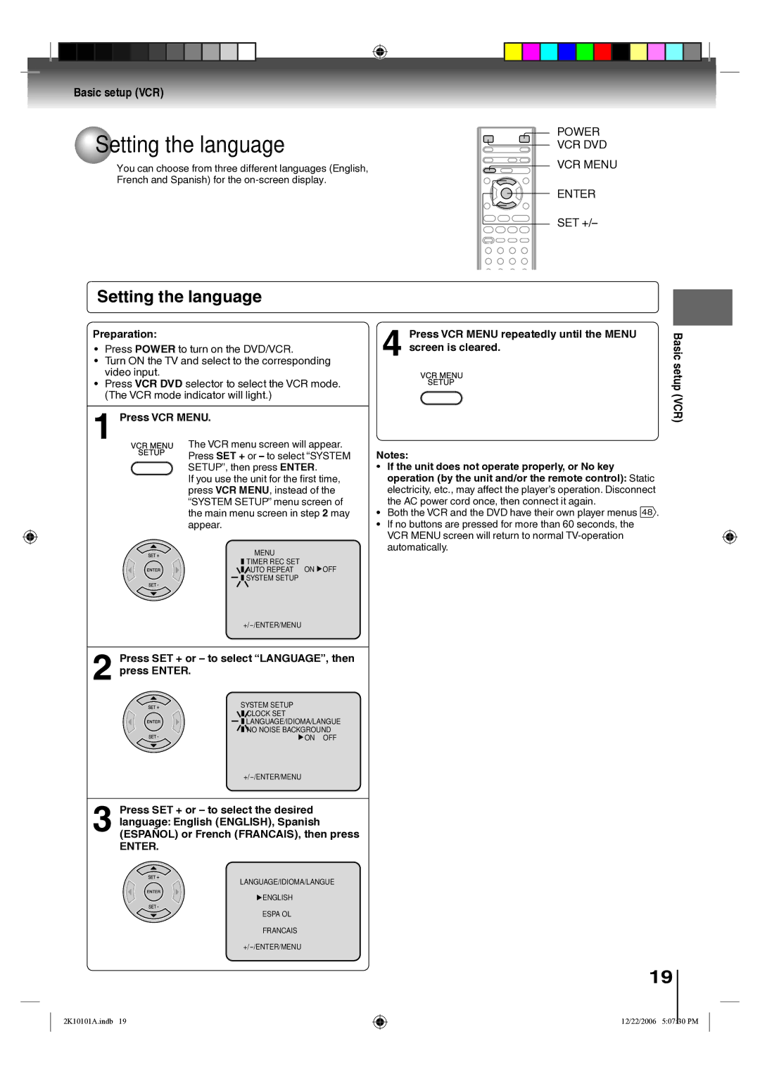 Toshiba SD-V295KU owner manual Power VCR DVD VCR Menu Enter, Press VCR Menu repeatedly until the Menu screen is cleared 