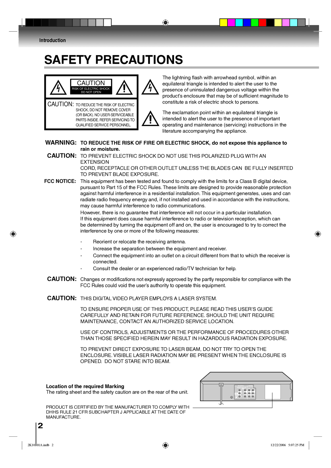 Toshiba SD-V295KU owner manual Introduction, Location of the required Marking 