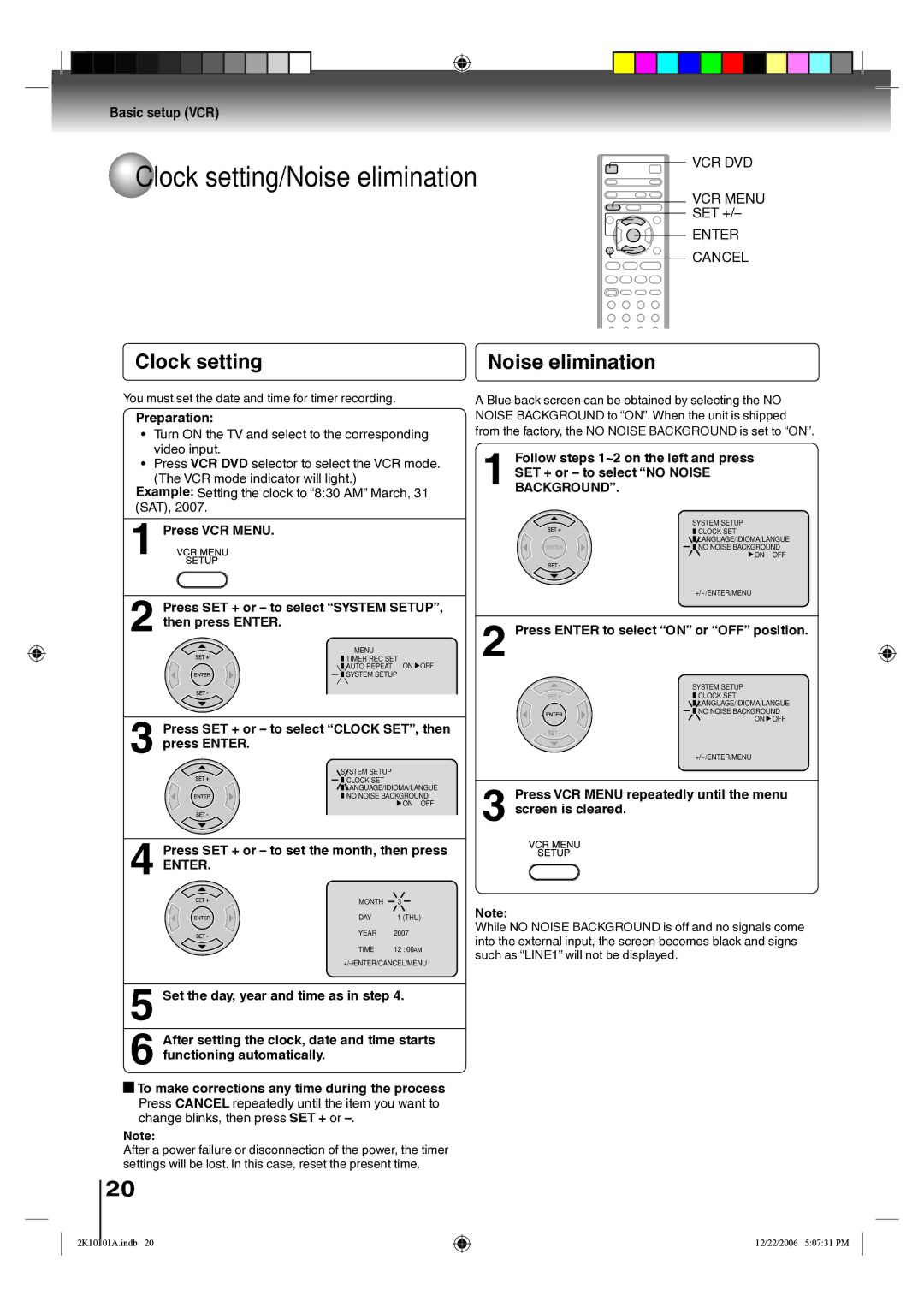 Toshiba SD-V295KU owner manual Clock setting, Noise elimination, Basic setup VCR, Enter Cancel 