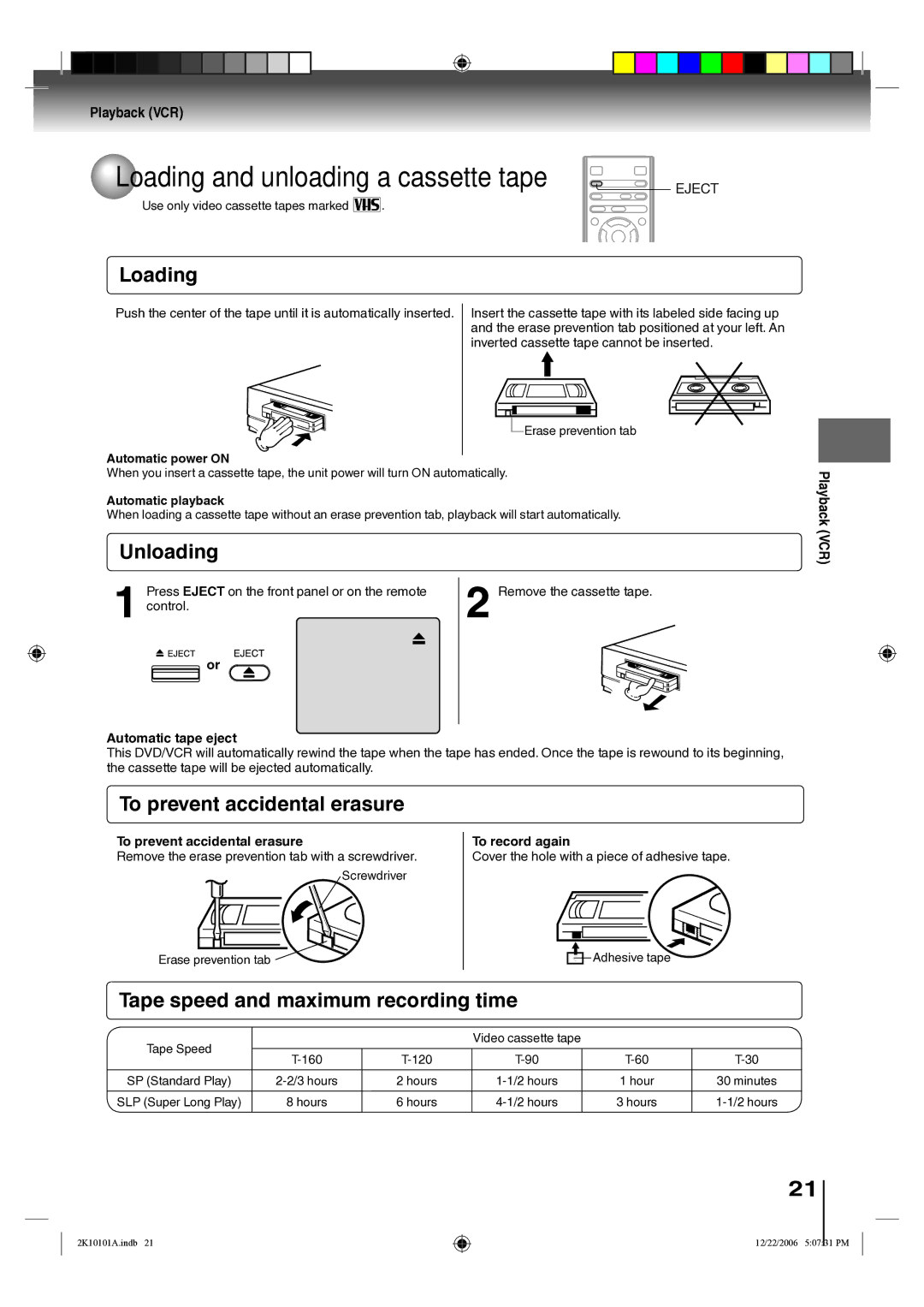 Toshiba SD-V295KU owner manual Loading and unloading a cassette tape, Unloading, To prevent accidental erasure 