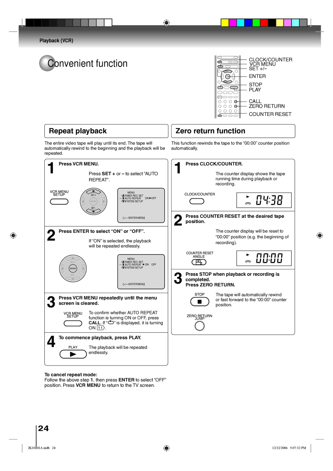 Toshiba SD-V295KU owner manual Convenient function, Repeat playback Zero return function, CLOCK/COUNTER VCR Menu 